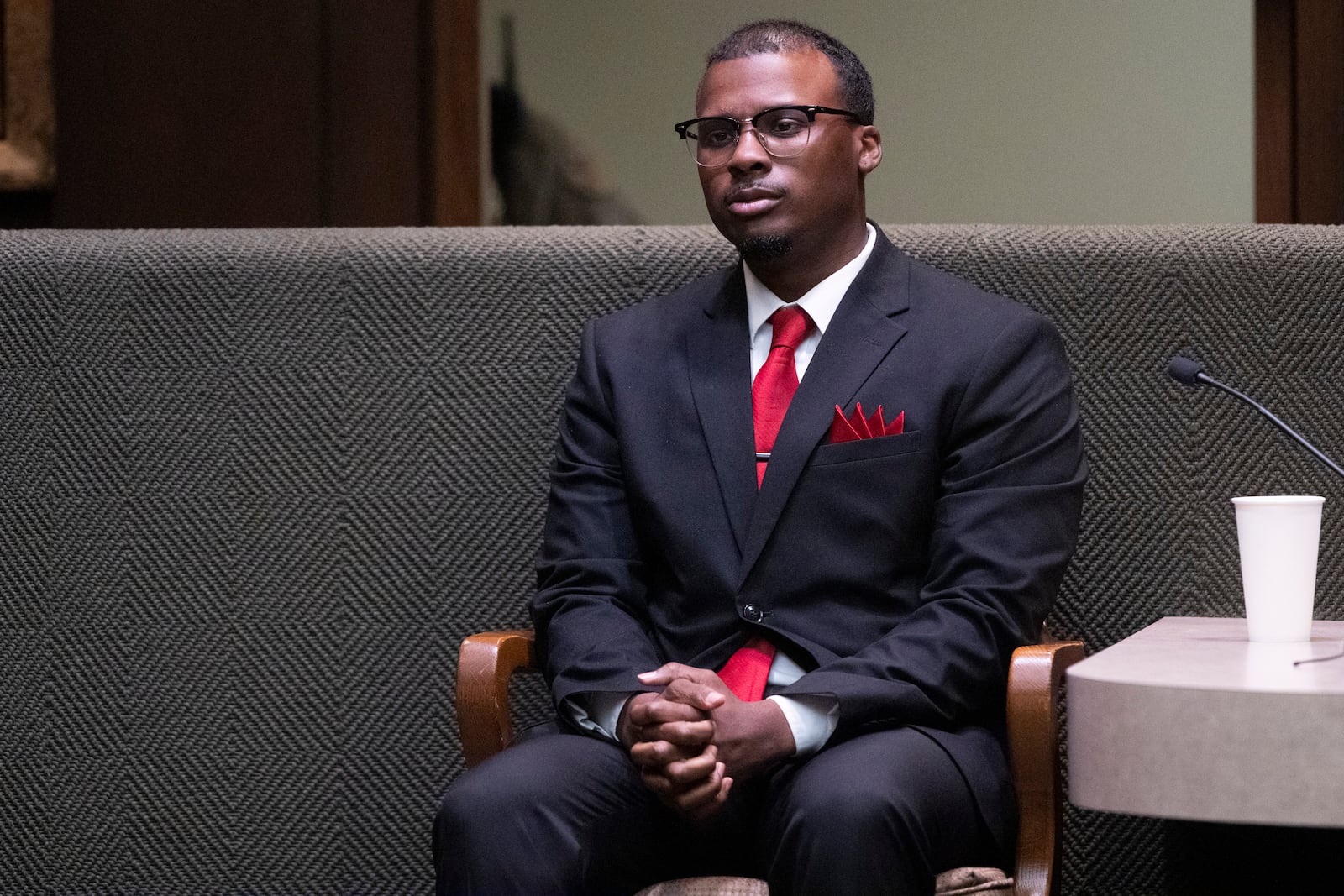 Former Memphis Police Department officer Justin Smith Jr., one of three former officers charged with fatally beating Tyre Nichols in 2023, takes the stand to decline to testify on his own behalf during the sixth day of the trial, Saturday, May 3, 2025, in Memphis, Tenn. (Chris Day/The Commercial Appeal via AP, Pool)