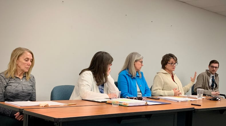 From left: Republicans Anita Swan and Jan Basham, Democrats Wendy Dyer and Kim McCarthy, and Acting Board of Elections Director Jordan Huber at the second half of the Greene County Board of Elections reorganization meeting, Wednesday March 5, 2025. LONDON BISHOP/STAFF