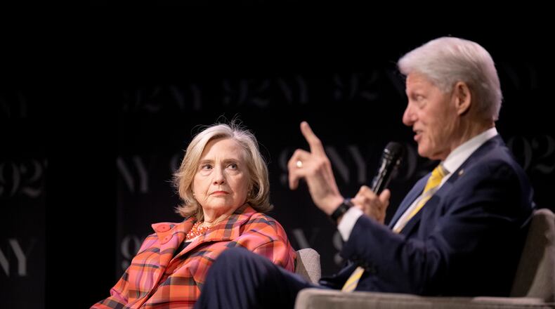 FILE - President Bill Clinton, right, with Secretary Hillary Rodham Clinton, at the 92nd Street Y, May 4, 2023, in New York. (Photo by Evan Agostini/Invision/AP, File)