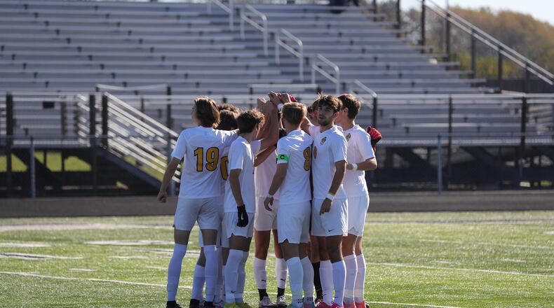 The Centerville boys soccer team huddles before its Division I regional final win over St. Xavier last week. The Elks face Cleveland St. Ignatius in the Division I state finals on Saturday in Columbus. CONTRIBUTED