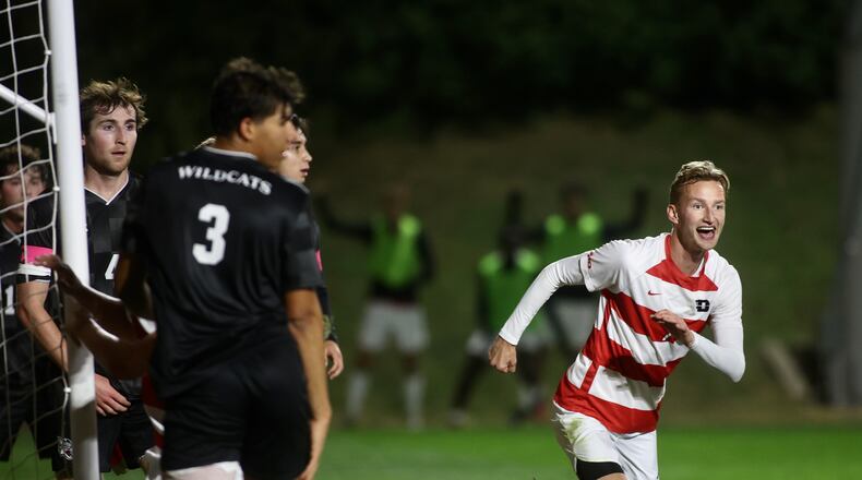 Dayton's Martin Bakken reacts to a goal by Andrew Armstrong against Davidson in the quarterfinals of the A-10 tournament on Friday, Nov. 8, 2024, at Baujan Field in Dayton. DAVID JABLONSKI/STAFF