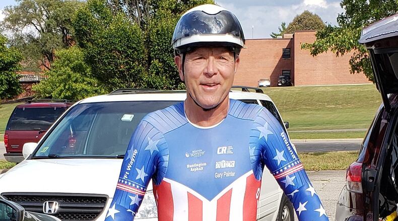Dr. Gary Painter, a dentist from Fort Wayne, Ind., poses in his 2019 United States Time Trial Champion (age 60-65) kit before finishing second in the Aug. 13 Blue Streak Time Trial at Wright-Patterson Air Force Base. (Contributed photo/Chuck Smith)