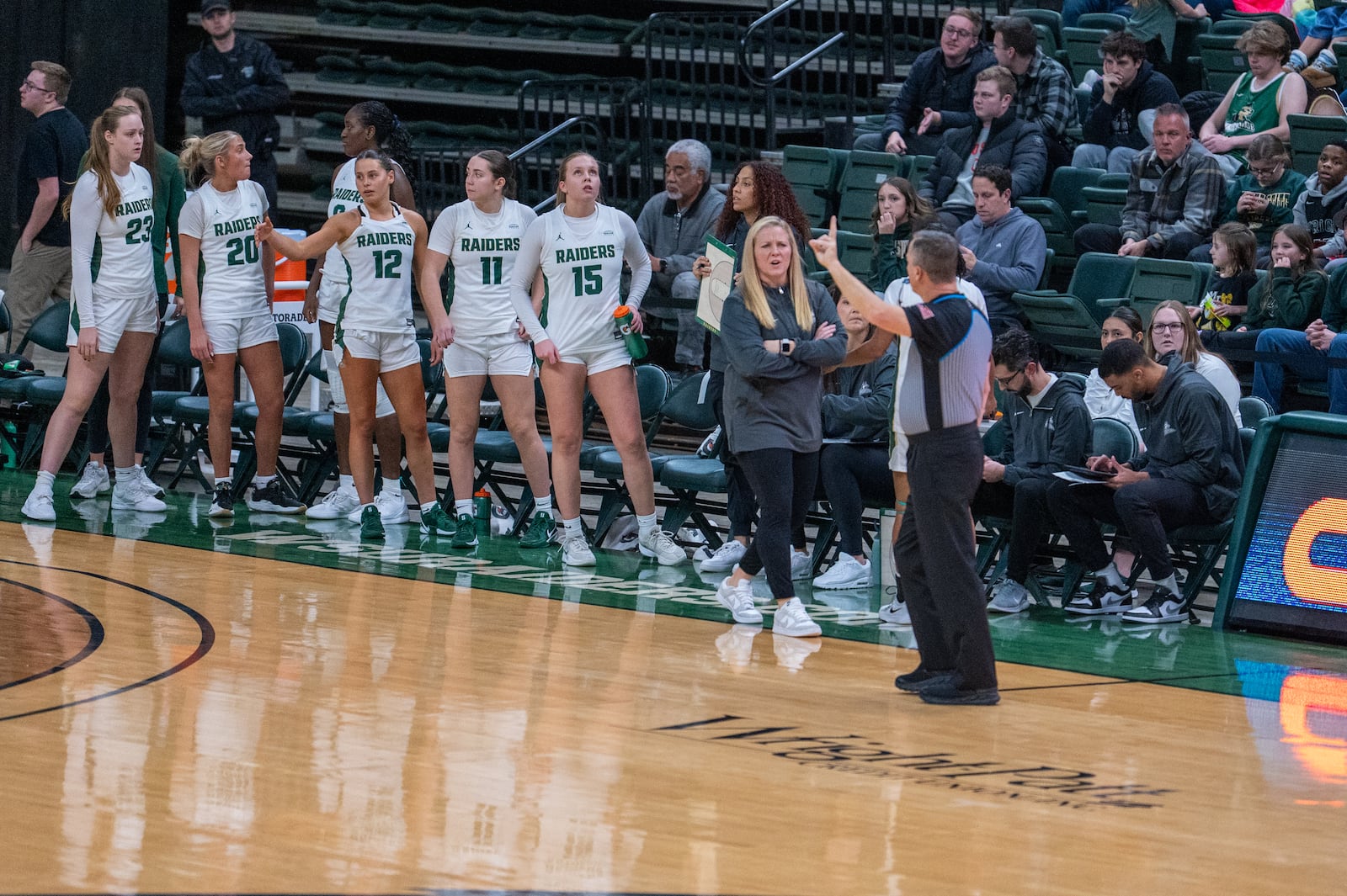Wright State University women's basketball coach Kari Hoffman talks to an official during their game against Green Bay on Tuesday, Dec. 30 at the Nutter Center. NICK PHILLIPS / CONTRIBUTED PHOTO