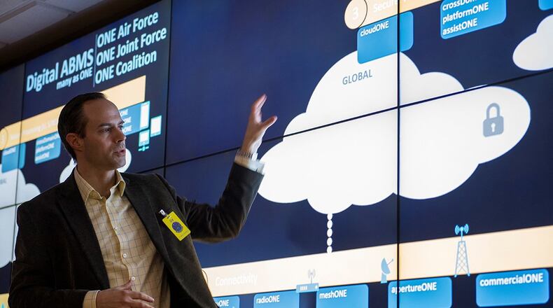 Preston Dunlap, Air Force chief architect, briefs Department of Defense senior leaders during the first ever Advanced Battle Management System live demonstration at Eglin Air Force Base, Fla., Dec. 18, 2019. During the first demonstration of the ABMS, operators across the Air Force, Army, Navy and industry tested multiple real-time data sharing tools and technology in a homeland defense-based scenario enacted by U.S. Northern Command and enabled by Air Force senior leaders. (U.S. Air Force photo/Tech. Sgt. Joshua J. Garcia)