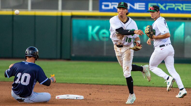 Dayton shortstop Edwin Arroyo turns a double play after fielding a ground ball near second base during Wednesday night's 6-3 loss to West Michigan at Day Air Ballpark. Jeff Gilbert/CONTRIBUTED