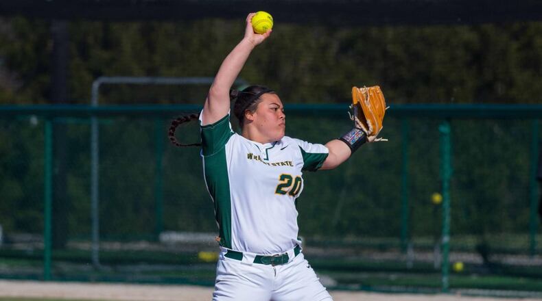 Wright State’s Olivia Otani fires a pitch plateward against Northern Kentucky on April 2, 2019. Joseph Craven/CONTRIBUTED