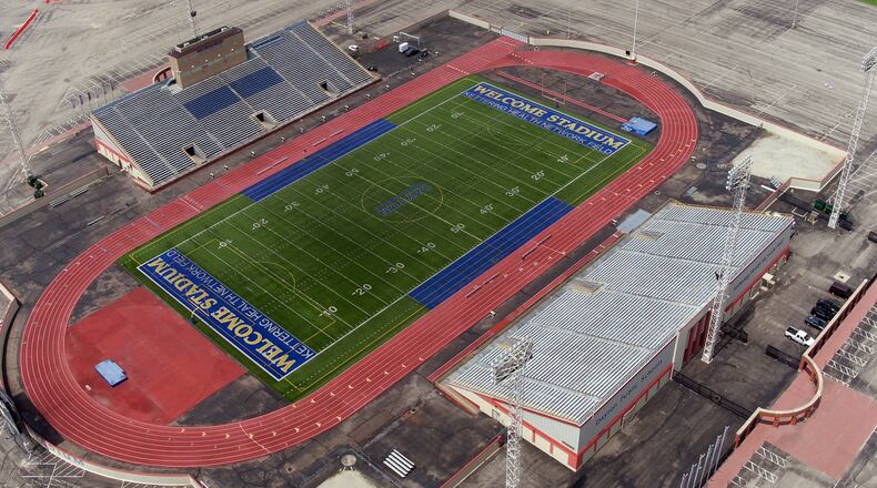 Aerial view of Dayton Public Schools’ Welcome Stadium looking northwest. TY GREENLEES / STAFF