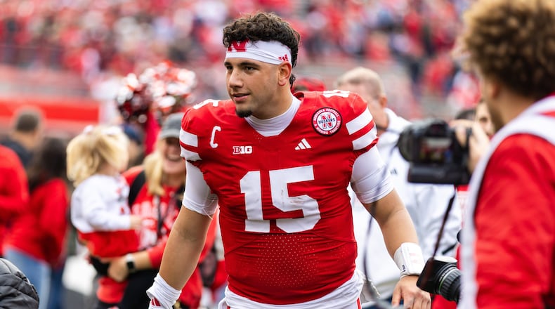 FILE - Nebraska quarterback Dylan Raiola (15) walks off the field after a win against Northwestern in an NCAA college football game, Oct. 25, 2025, in Lincoln, Neb. (AP Photo/Bonnie Ryan, File)