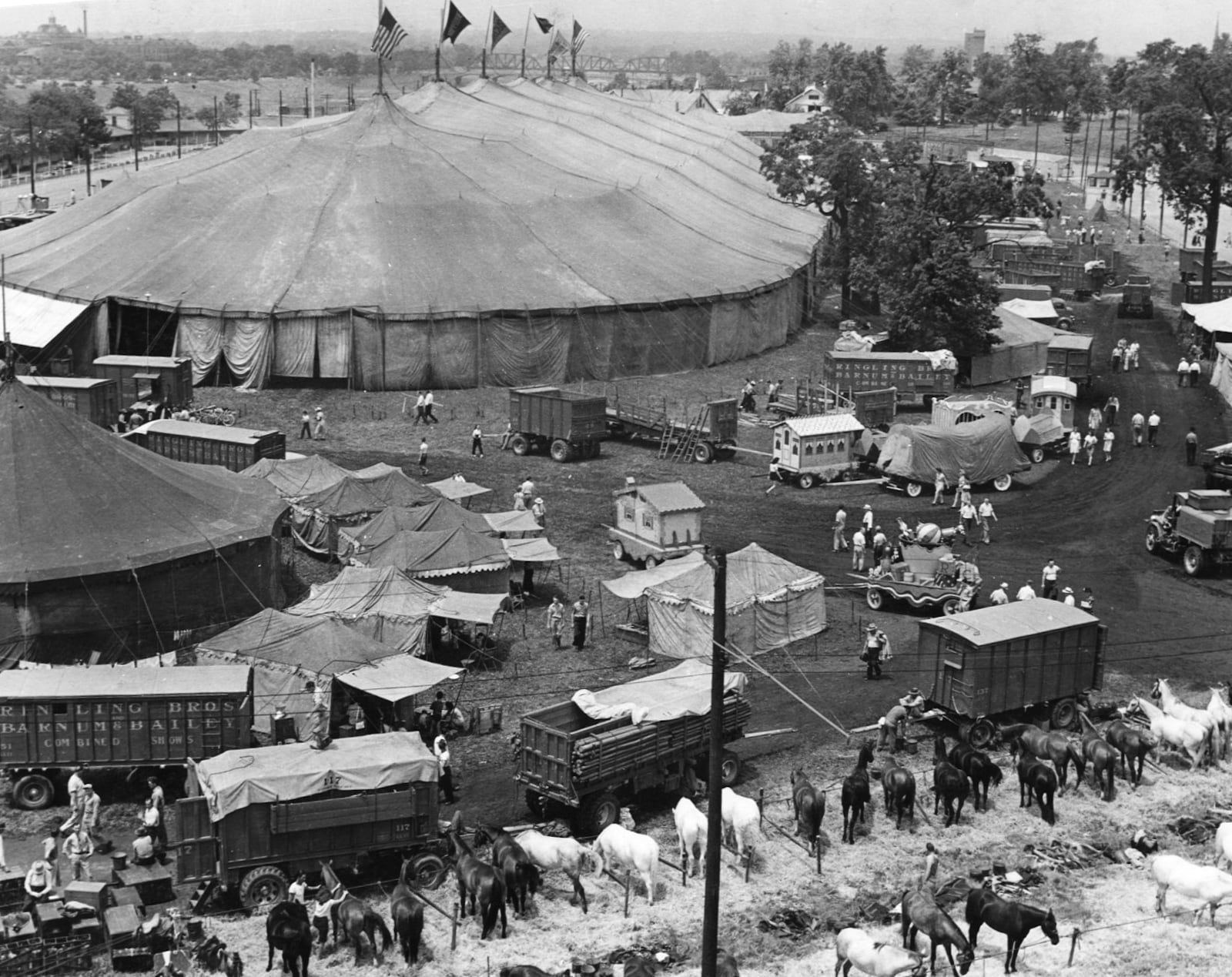Ringling Bros./Barnum Bailey circus at the Montgomery County Fair Grounds, 1946. Photo taken from roof of Building #6 of NCR on Stewart.