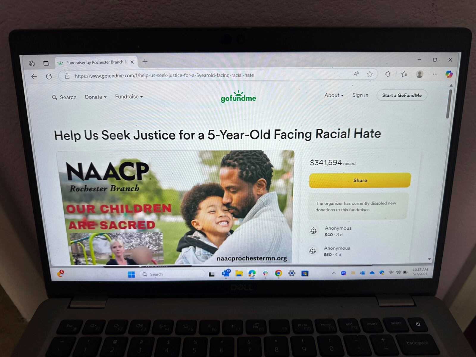 A screenshot of an online fundraiser on GoFundMe organized by the NAACP is seen on Wednesday, May 7, 2025. (AP Photo/Terry Tang)