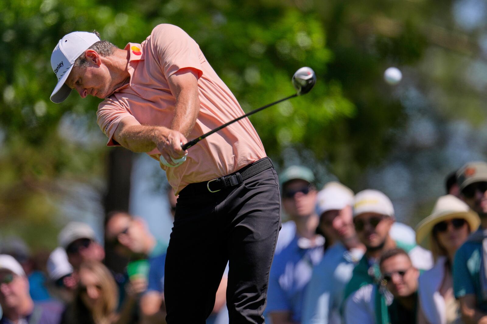 Justin Rose hits his tee shot on the fourth hole during the final round at the Masters golf tournament, Sunday, April 13, 2025, in Augusta, Ga. (AP Photo/George Walker IV)