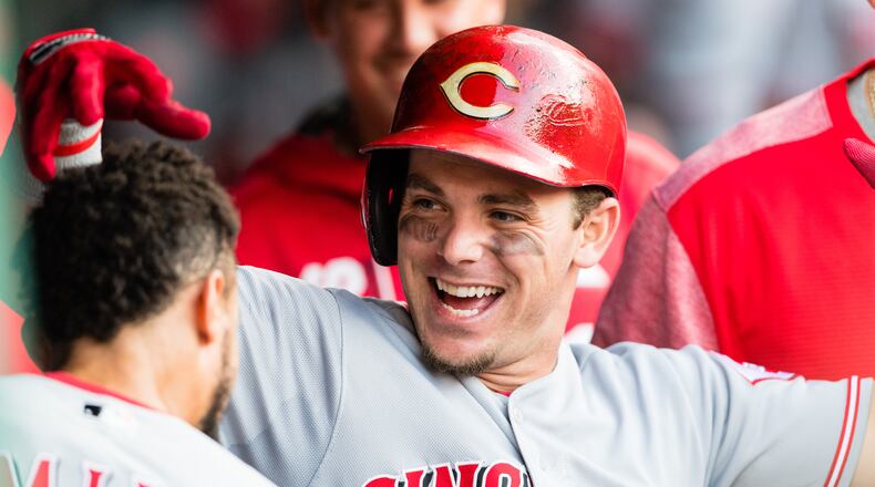 The Reds' Scooter Gennett celebrated after hitting a solo home run to tie the game during the fifth inning Monday against the Indians, but there weren't many smiles after that as Cincinnati fell 6-2.