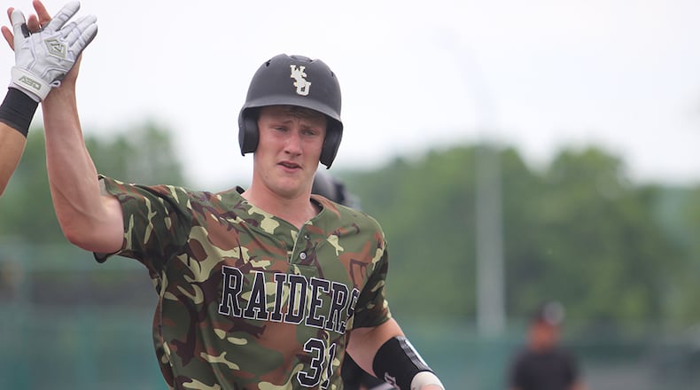 Raiders catcher Sean Murphy scores from second base in Saturday’s Horizon League victory over Valpo. Wright State earned a second straight trip to the NCAA tournament. Mike Hartsock/WHIO-TV