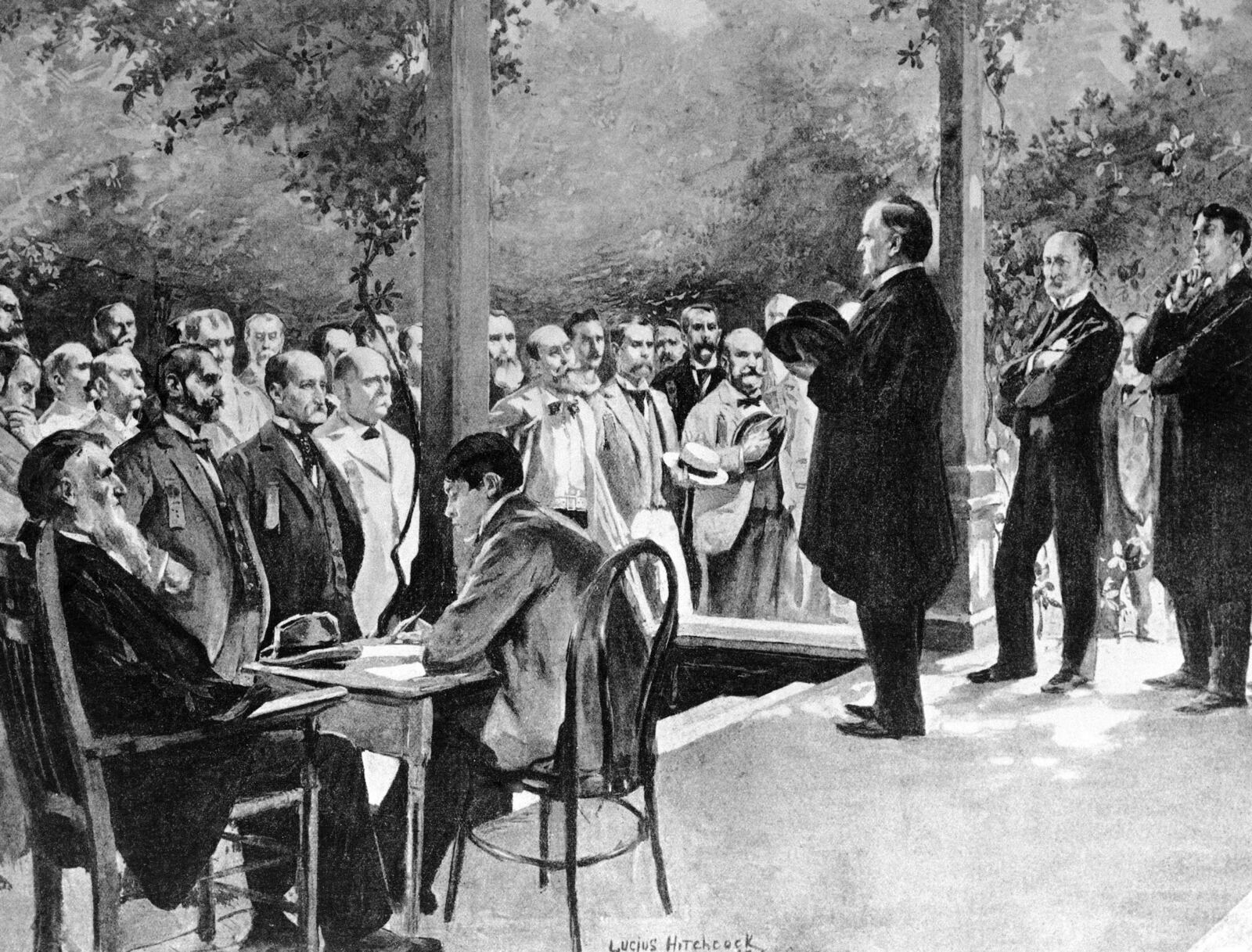 FILE - This drawing shows Major William McKinley, the presidential nominee for the Republican Party, making an elaborate front-porch campaign speech at his home in Canton, Ohio in 1896. (AP Photo/File)