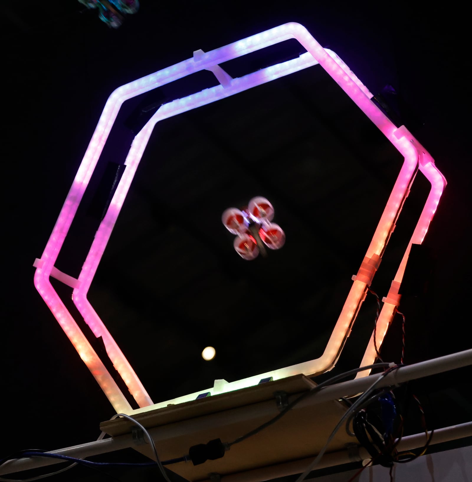 A section of the indoor course from the 2024 micro drone race, featuring lighted gates and tight turns that test precision flying. The event returns to the Museum Feb. 20–22. Museum photo by Ken LaRock.