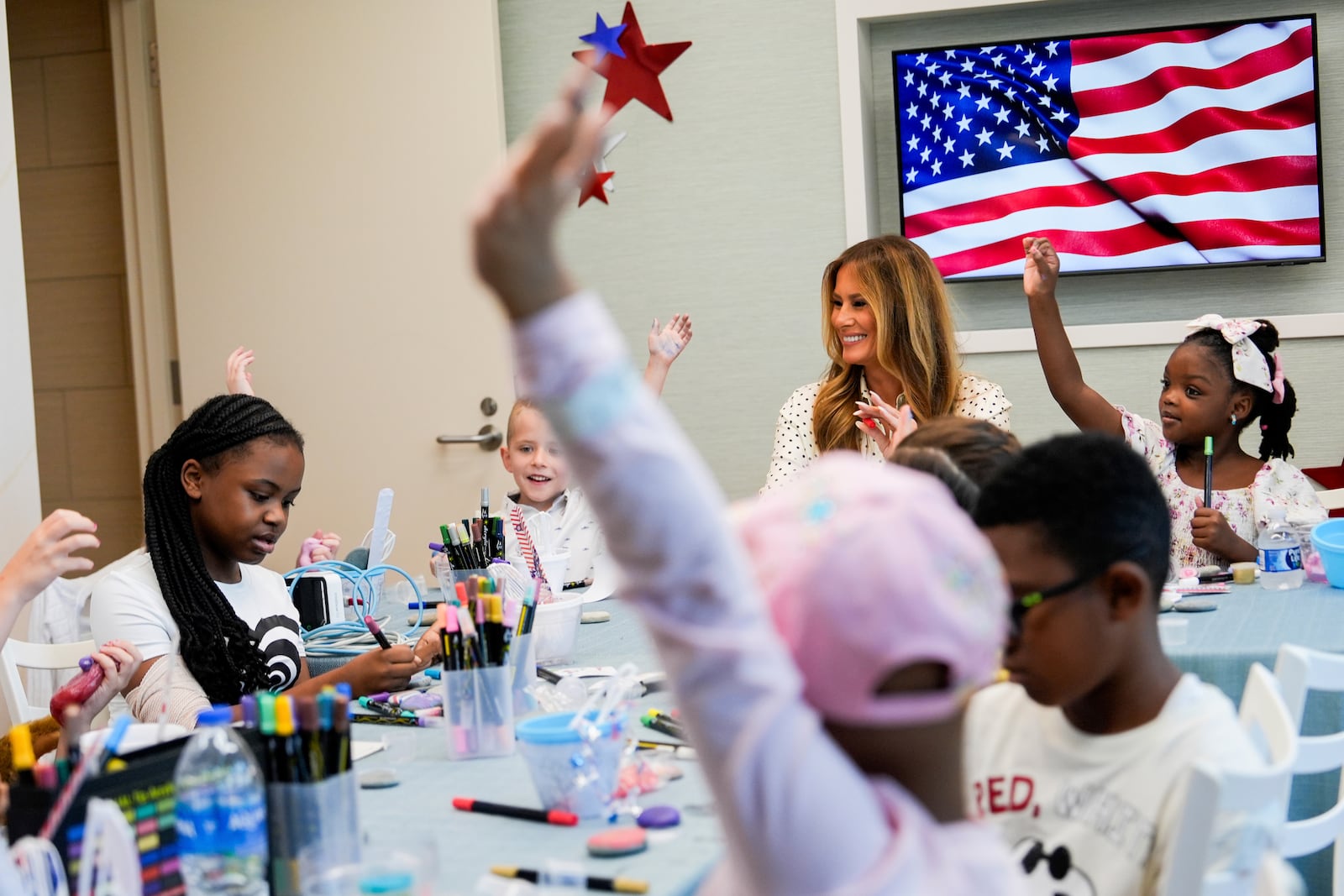First lady Melania Trump visits patients at Children's National Hospital, Thursday, July 3, 2025, in Washington. (AP Photo/Julia Demaree Nikhinson)