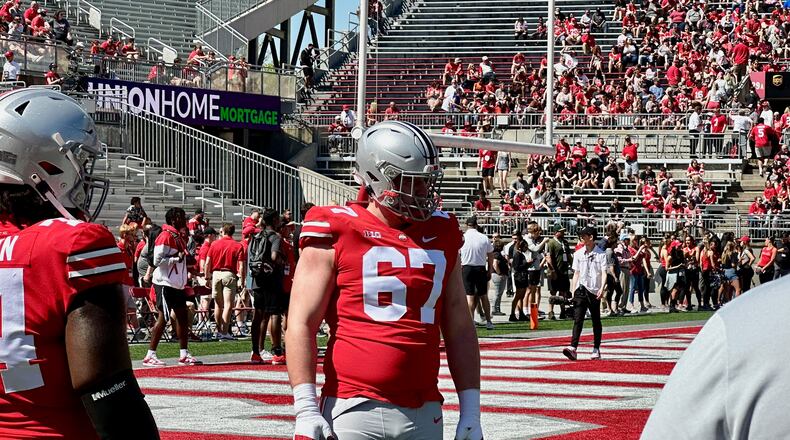 Austin Siereveld of Lakota East High School suits up for the Ohio State football spring game April 15, 2023.