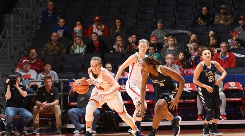Dayton’s Lauren Cannatelli against George Washington on Sunday, Jan. 21, at UD Arena. Erik Schelkun/CONTRIBUTED