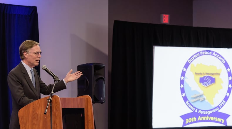 The Richard C. Holbrooke Conference Center at WPAFB’s Hope Hotel hosted the Dayton Peace Accords 30th Anniversary Gala and Dayton Peace Prize Ceremony on Saturday, Nov. 15, 2025. Former U.S. Ambassador to China, R. Nicholas Burns, the chief spokesperson for the State Department during 1995’s Dayton Peace Accords was the keynote speaker and recipient of the Dayton Peace Prize. TOM GILLIAM/CONTRIBUTING PHOTOGRAPHER