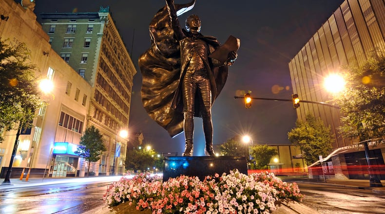 The Alexander Hamilton statue stands tall on High Street in Hamilton. NICK GRAHAM/2011