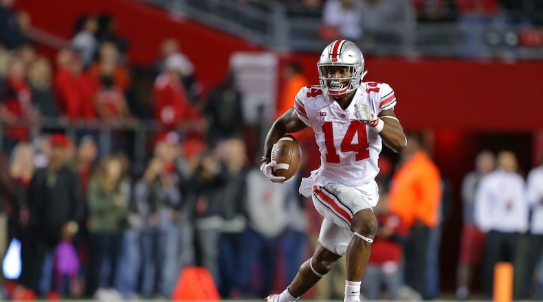 PISCATAWAY, NJ - SEPTEMBER 30: K.J. Hill #14 of the Ohio State Buckeyes during a game against the Rutgers Scarlet Knights on September 30, 2017 at High Point Solutions Stadium in Piscataway, New Jersey. Ohio State won 56-0. (Photo by Hunter Martin/Getty Images)