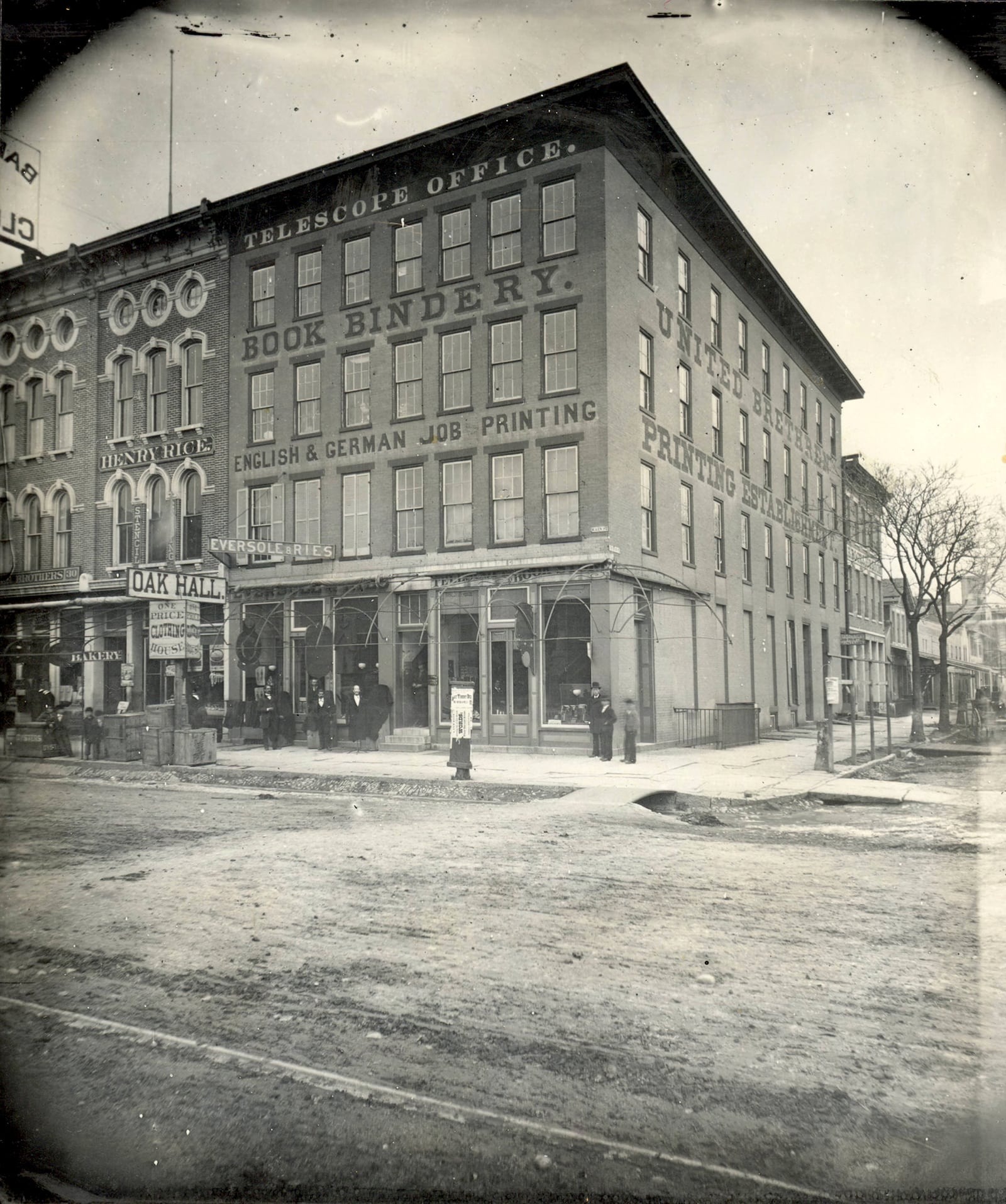 The original United Brethren printing building was originally a store front at Main and Ludlow Streets in Dayton.The lot was purchased in 1853 and the following year a four-story building was constructed according to research done by Daytonâs Department of Planning. PHOTO: DAYTON METRO LIBRARY / MONTGOMERY COUNTY PICTURE FILE http://content.daytonmetrolibrary.org/cdm/singleitem/collection/mcpf/id/1413/rec/1
