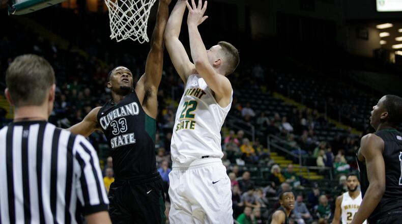 Parker Ernsthausen scores a basket during Wright State’s 55-51 win against Cleveland State on Jan. 5. TIM ZECHAR/CONTRIBUTED PHOTO