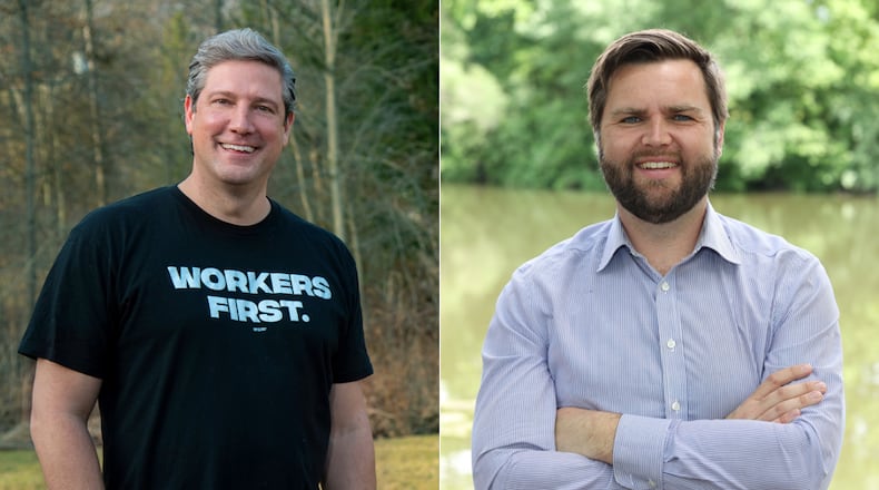 The candidates for Ohio's open U.S. Senate seat in the November 2022 election are Tim Ryan (left) and J.D. Vance (right).