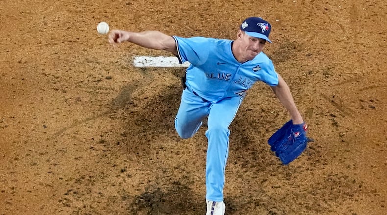 FILE - Toronto Blue Jays pitcher Chris Bassitt throws against the Los Angeles Dodgers during the seventh inning in Game 4 of baseball's World Series, Oct. 28, 2025, in Los Angeles. (AP Photo/Brynn Anderson, File)