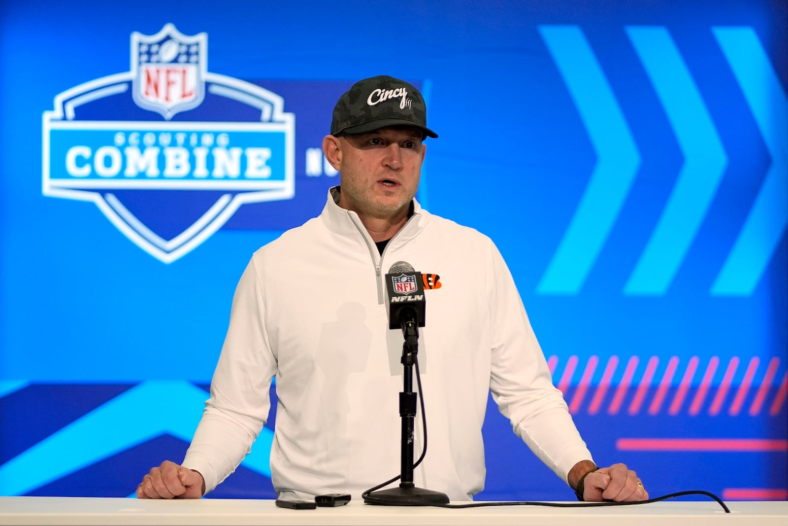 Cincinnati Bengals director of player personnel Duke Tobin speaks during a news conference at the NFL football scouting combine, Tuesday, Feb. 27, 2024, in Indianapolis. (AP Photo/Darron Cummings)