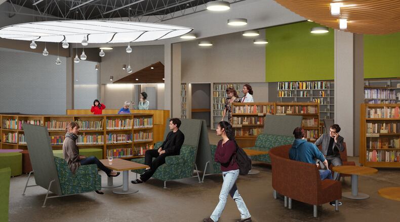 A digital illustration of what the new MidPointe Library System at Liberty Center will look like once it opens this fall at The Foundry. The library will feature a collection of 5,000 items along with a drive-up book return and on-site programming for all ages. CONTRIBUTED