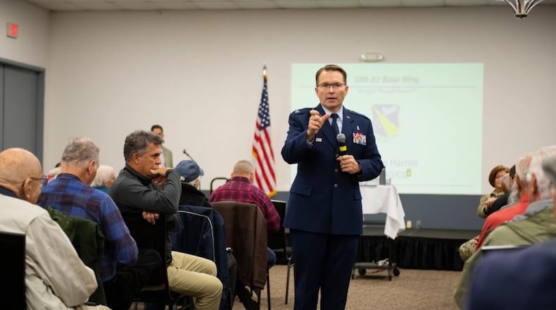 Col. Dale Harrell, then the 88th Medical Group commander, discusses Wright-Patterson Medical Center services with retirees in October 2022 at Hope Hotel. (Air Force photo by R.J. Oriez)