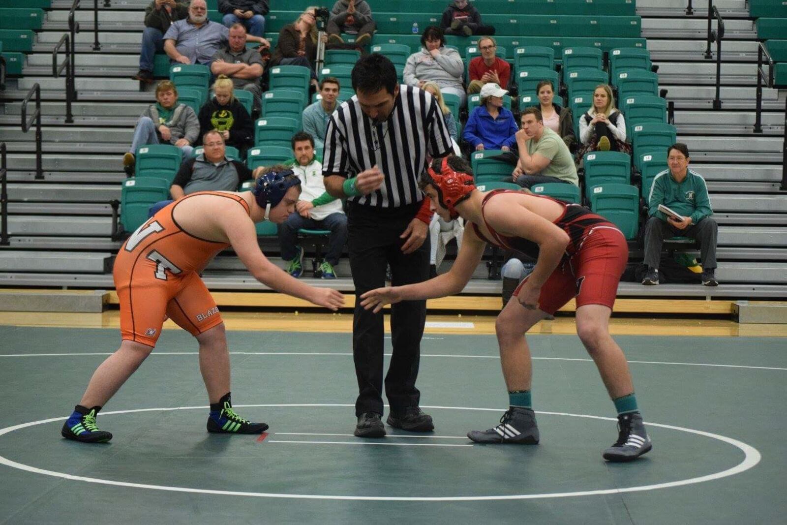 National Trail’s Brooks Henning (left) prepares to wrestling Wayne’s Tyler Stephens in November at Northmont. Photo courtesy of Annie Montgomery