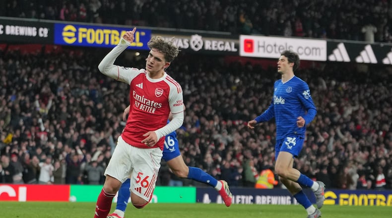Arsenal's Max Dowman celebrates after scoring during the English Premier League soccer match between Arsenal and Everton in London, England, Saturday, March 14, 2026. (AP Photo/Kin Cheung)