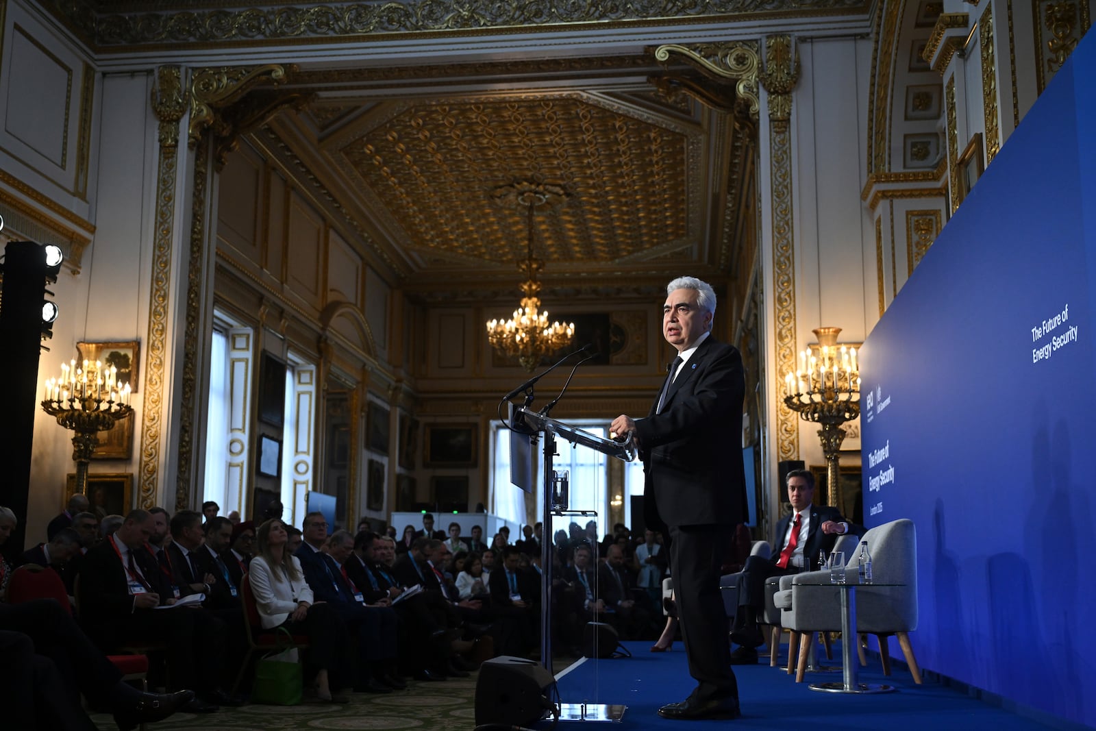 Fatih Birol, Executive Director of the International Energy Agency (IEA) speaks on day one of the International Summit on the Future of Energy Security at Lancaster House in London, Thursday April 24, 2025. (Justin Tallis/Pool via AP)