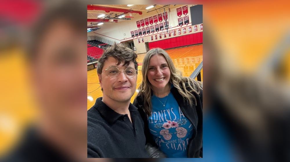 Patrick Stafford and Mandi McKinley have been friends since meeting in ninth grade at Tecumseh High School. Stafford, a Los Angeles-based actor, will receive his second kidney transplant courtesy of McKinley. This photo, taken in December 2025, features McKinley wearing a T-shirt that reads "Kidneys are made to be shared." CONTRIBUTED