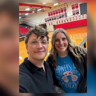 Patrick Stafford and Mandi McKinley have been friends since meeting in ninth grade at Tecumseh High School. Stafford, a Los Angeles-based actor, will receive his second kidney transplant courtesy of McKinley. This photo, taken in December 2025, features McKinley wearing a T-shirt that reads "Kidneys are made to be shared." CONTRIBUTED