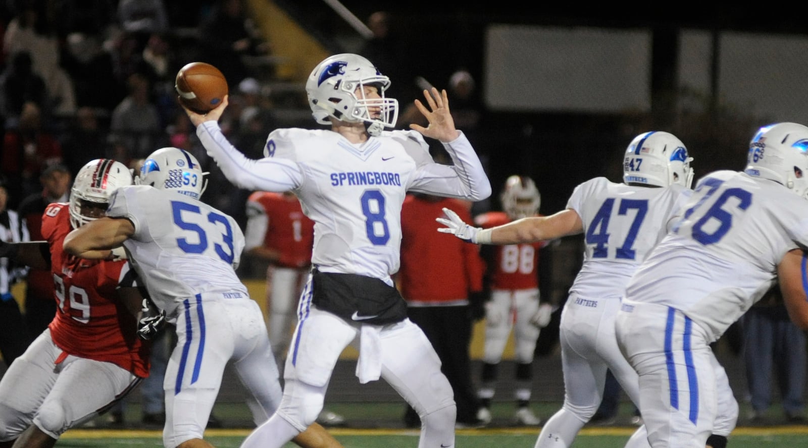 Springboro QB Elijah Cunningham. Wayne defeated Springboro 52-21 in a D-I, Region 2 high school football second-round playoff game at Centerville on Saturday, Nov. 14, 2015. MARC PENDLETON / STAFF