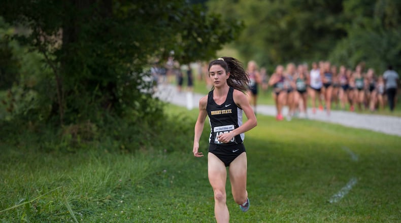 Wright State's Shelby Nolan runs in the Queen City Invitational cross country meet in 2019. Nolan, a senior, and the Raiders begin the 2021 track season on Friday. Wright State Athletics photo