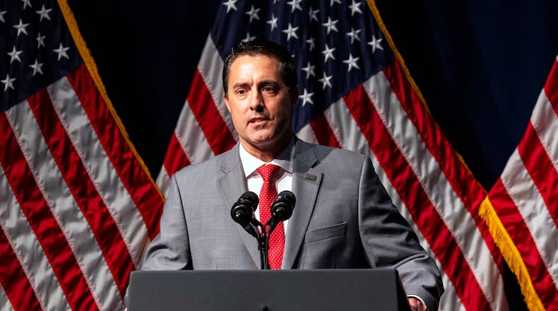 Ohio Secretary of State Frank LaRose speaks during the Ohio Republican Party dinner, Tuesday, June 24, 2025, in Lima, Ohio. (AP Photo/Lauren Leigh Bacho)