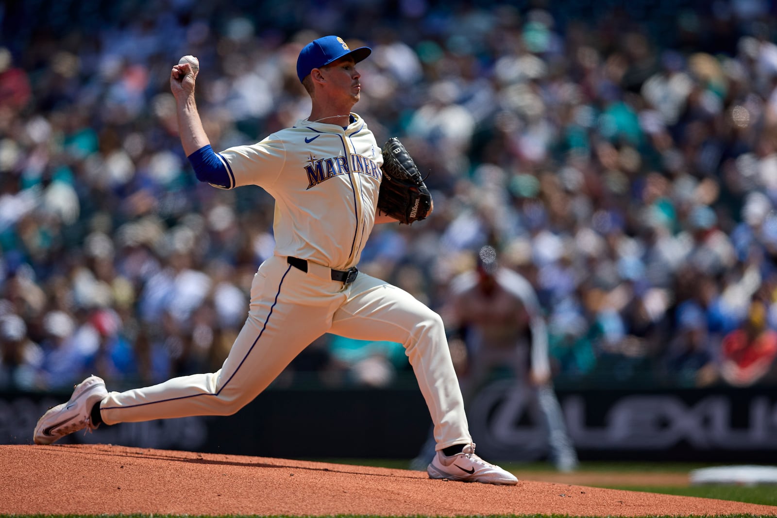 Seattle Mariners starting pitcher Emerson Hancock throws against the Cleveland Guardians during the first inning of a baseball game Sunday, June 15, 2025, in Seattle. (AP Photo/John Froschauer)