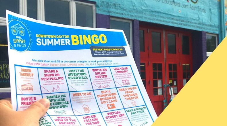 A BINGO card for the 2020 downtown Dayton summer BINGO game.