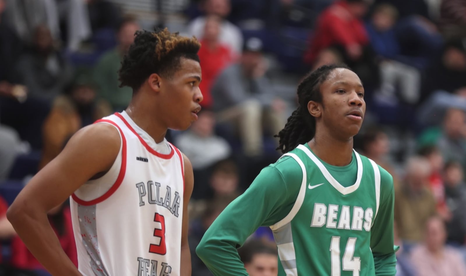 Northridge's Keonte Smith, left, and Dayton recruit Julian Washington, of Margaretta, wait for a free throw attempt at the Beacon Orthopaedics Flyin’ To The Hoop on Monday, Jan. 19, 2026, at Trent Arena in Kettering. David Jablonski/Staff