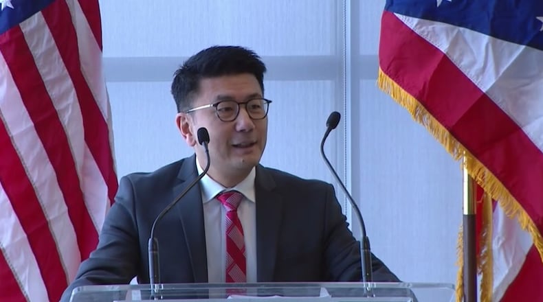 Dr. Luan Phan, project director and chair of the Department of Psychiatry and Behavioral Health at the Ohio State University College of Medicine, speaks during an announcement on Friday about OSU researchers receiving $20 million in funding from the state to study the root causes of mental illness. COURTESY PHOTO
