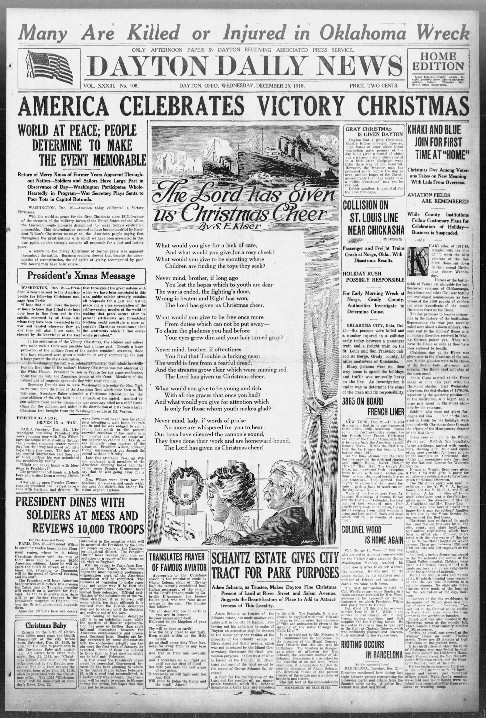The Christmas Day front page of the Dayton Daily News from 1918. DAYTON DAILY NEWS ARCHIVES
