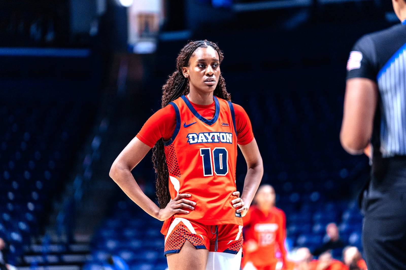 Fatima Ibrahim during the Dayton Flyers victory at Xavier last week. The 6-foot-3 junior transfer leads the Flyers in field goal percentage (80.8 percent), rebounds (8.8 rpg) and blocked shots (2.3 bpg) and is second in scoring (13.3 ppg). CONTRIBUTED PHOTO
