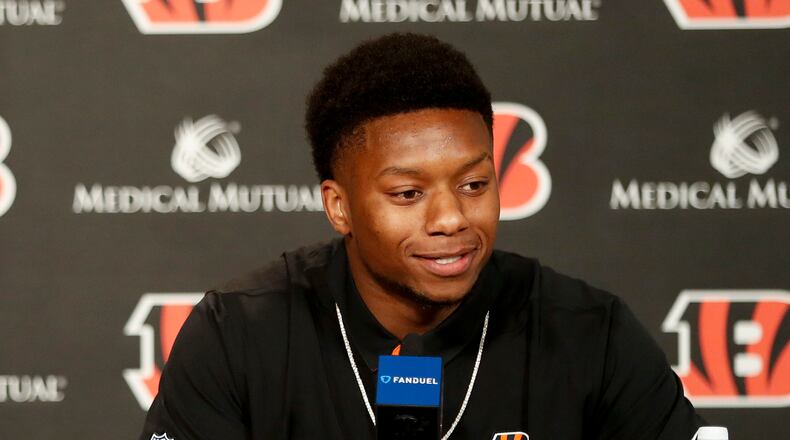 Cincinnati Bengals second-round draft pick Joe Mixon is interviewed during a news conference at Paul Brown Stadium, Saturday, April 29, 2017, in Cincinnati. The former Oklahoma running back was selected as the 48th overall pick. (AP Photo/John Minchillo)