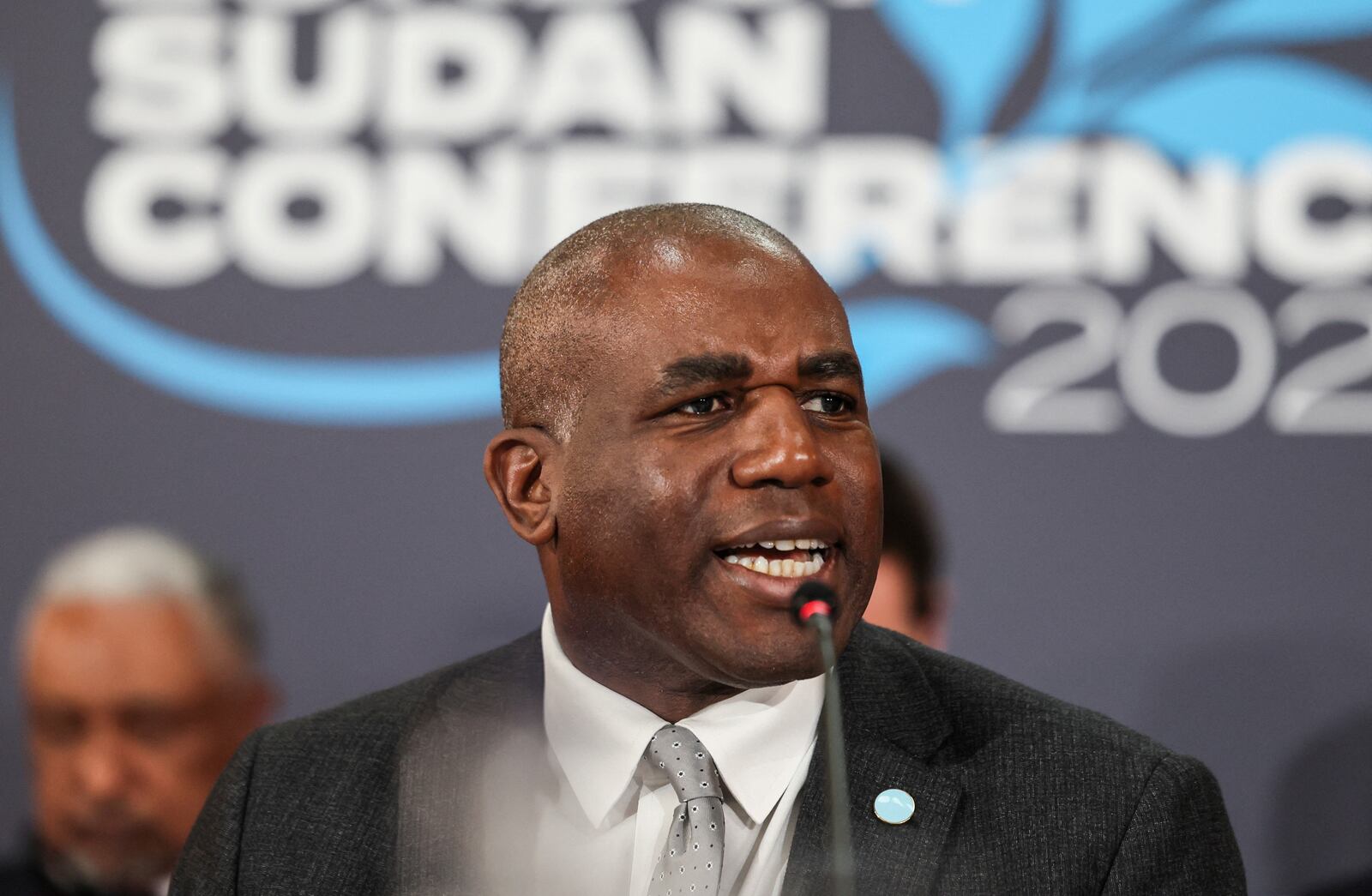 Britain's Foreign Secretary David Lammy delivers opening remarks during the London Sudan conference at Lancaster House in London, Tuesday, April 15, 2025. (Isabel Infantes/Pool Photo via AP)