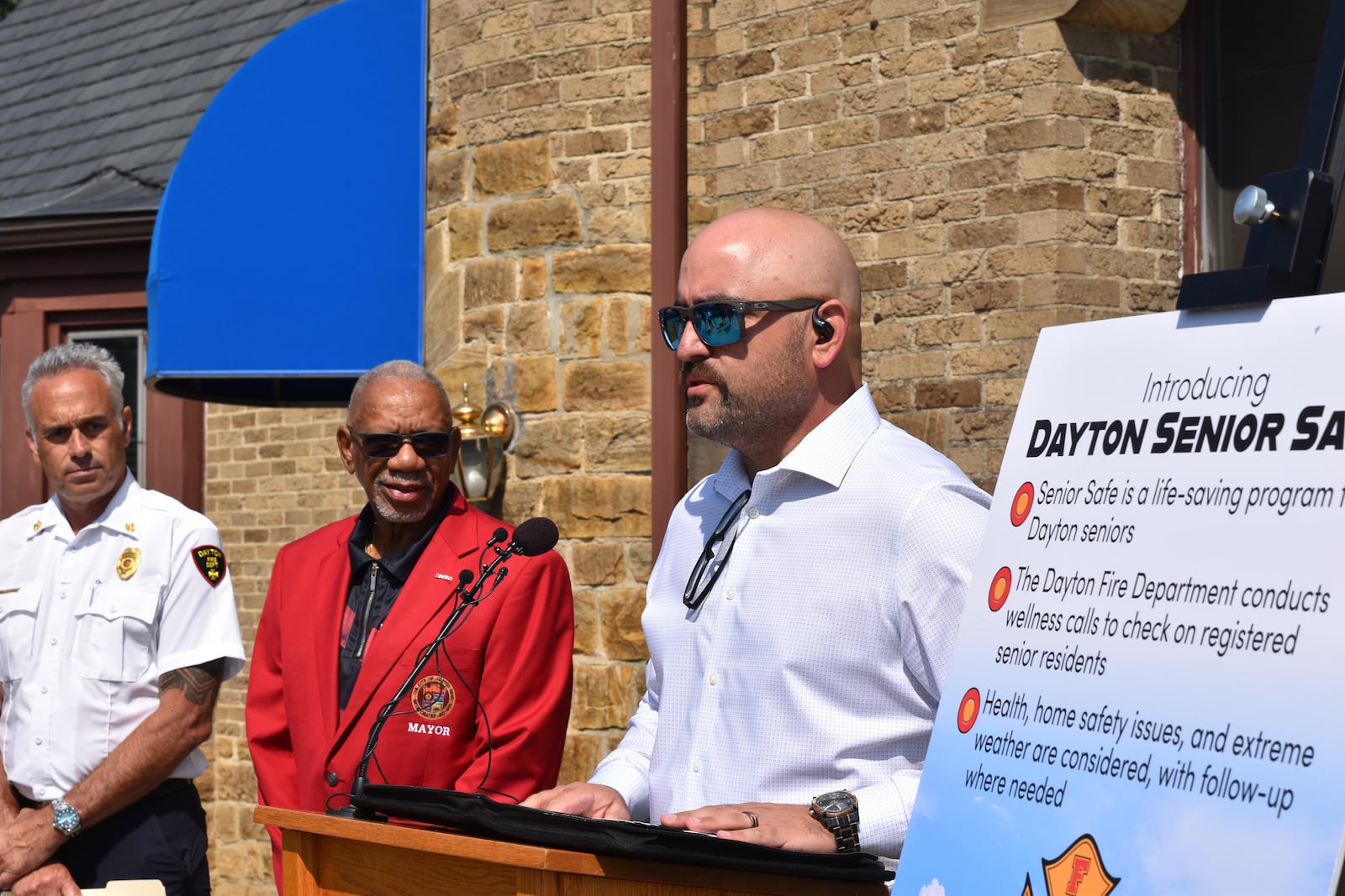 Stephen Post, vice president of Dayton Firefighters Local 136, speaks at a press conference announcing the new Senior Safe program. Dayton Mayor Jeffrey Mims Jr. and fire Chief Mike Rice also spoke at the event. CORNELIUS FROLIK / STAFF