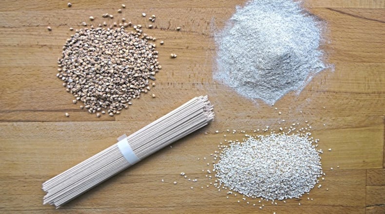 Buckwheat in all its forms. Clockwise from top left: Kasha (toasted buckwheat groats), buckwheat flour, cream of buckwheat, soba (buckwheat) noodles. (Gretchen McKay/Pittsburgh Post-Gazette/TNS)